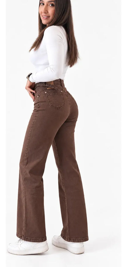 Jeans Wide Leg Cafe Tiro Alto Elasticado Recto Horma Grande