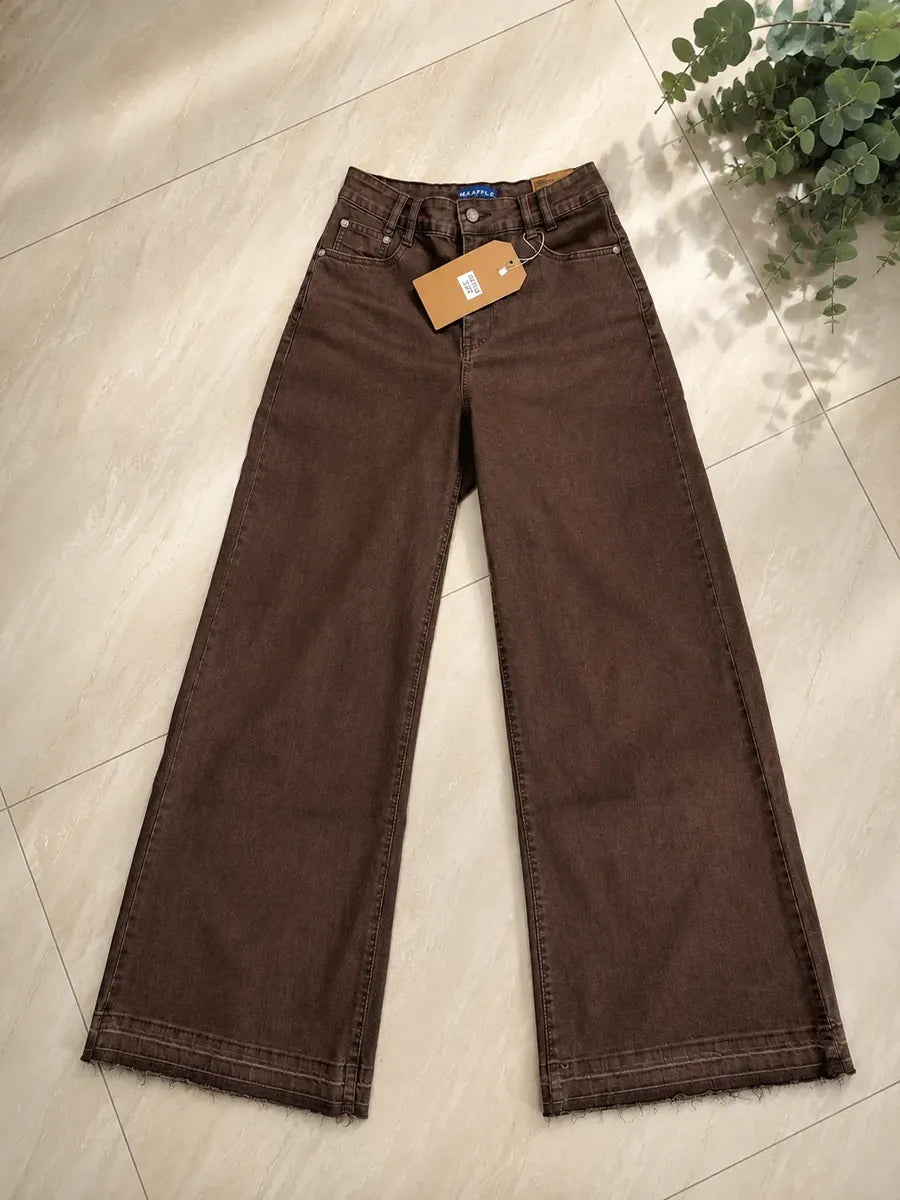 Jeans Mujer Palazzo Café Tiro Alto Elasticado Horma Grande (Basta deshilachada)