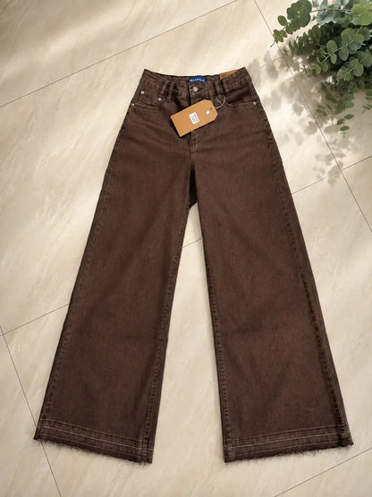 Jeans Mujer Palazzo Café Tiro Alto Elasticado Horma Grande (Basta deshilachada)