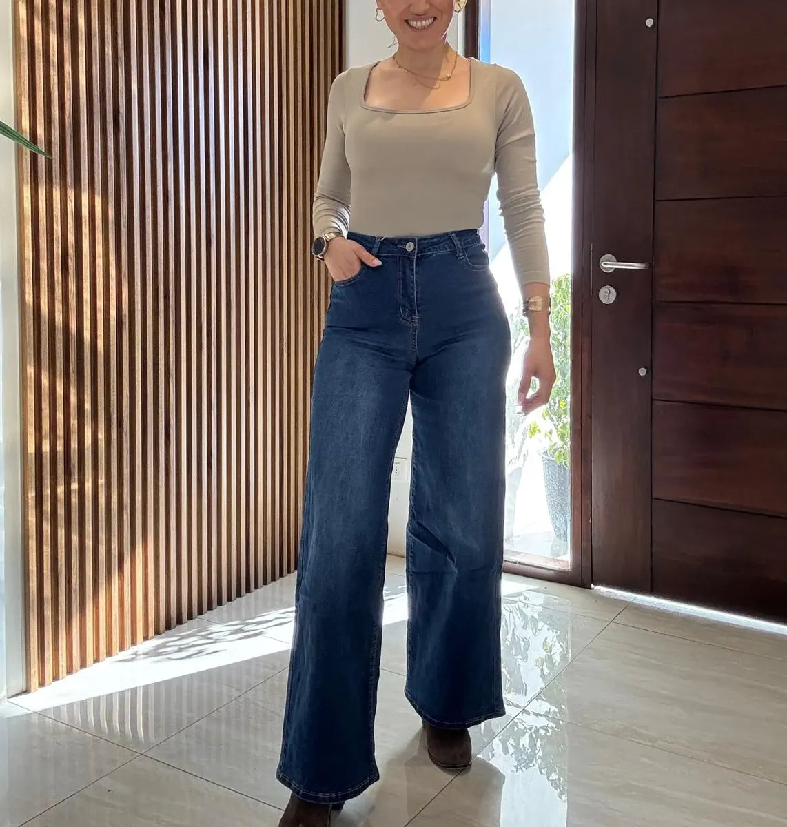 Jeans Mujer Wide Leg Azul Clásico Corte Recto Elasticado