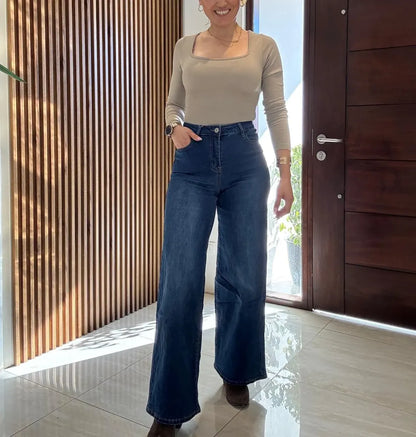 Jeans Mujer Wide Leg Azul Clásico Corte Recto Elasticado