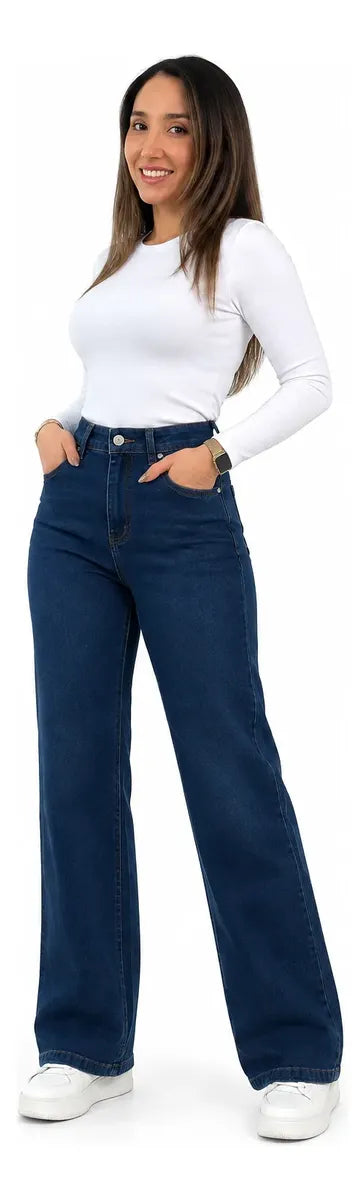Jeans Wide Leg Corte Recto Tiro Alto Elasticado Azul Oscuro