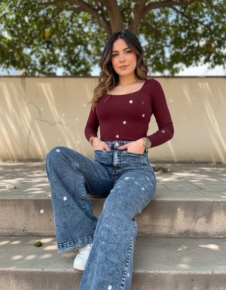 Jeans Super Wide Leg Tiro Alto Full Elasticado Bolsillos