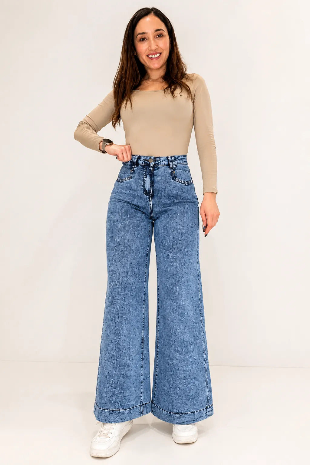 Jeans Super Wide Leg Tiro Alto Full Elasticado Bolsillos