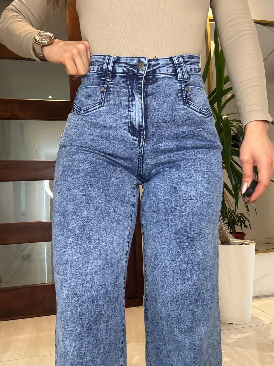 Jeans Super Wide Leg Tiro Alto Full Elasticado Bolsillos