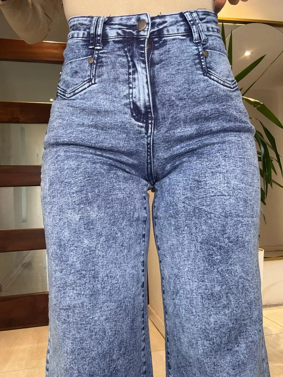 Jeans Super Wide Leg Tiro Alto Full Elasticado Bolsillos