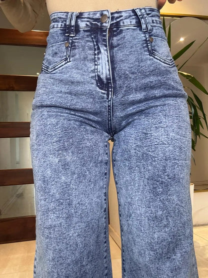 Jeans Super Wide Leg Tiro Alto Full Elasticado Bolsillos