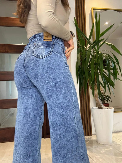 Jeans Super Wide Leg Tiro Alto Full Elasticado Bolsillos