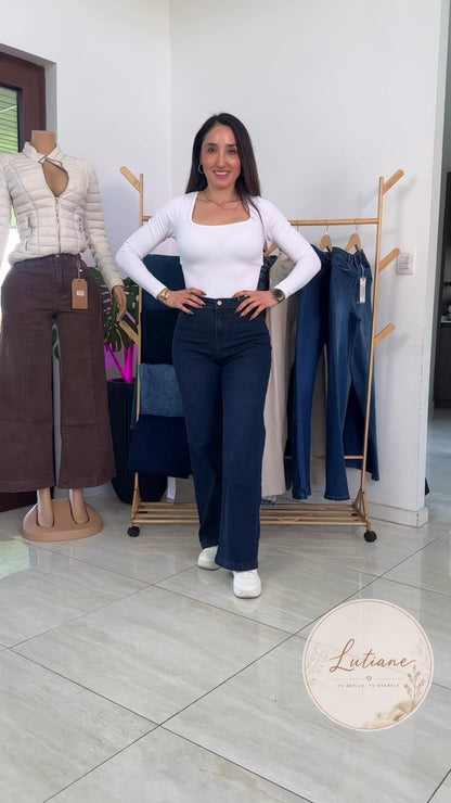 Jeans Wide Leg Corte Recto Tiro Alto Elasticado Azul Oscuro
