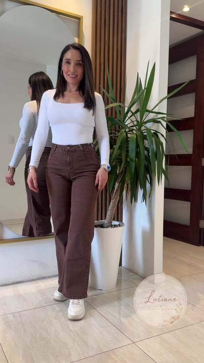 Jeans Wide Leg Cafe Tiro Alto Elasticado Recto Horma Grande